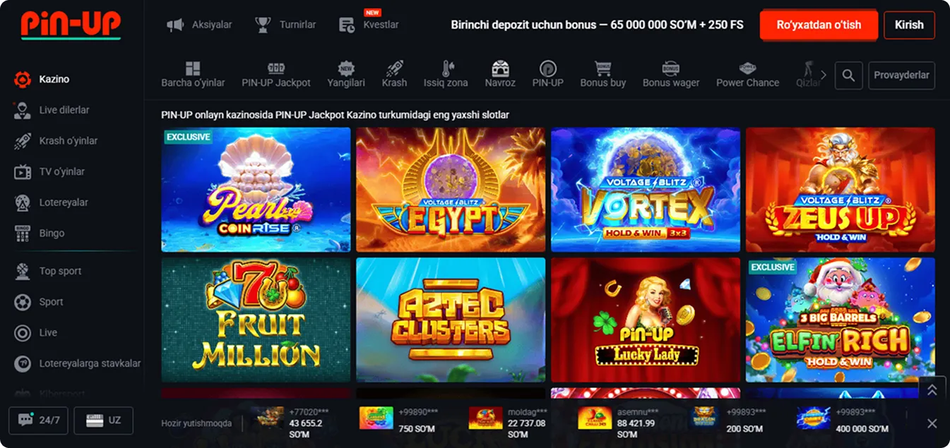 Slotlar va video slotlar to‘plami Pin Up